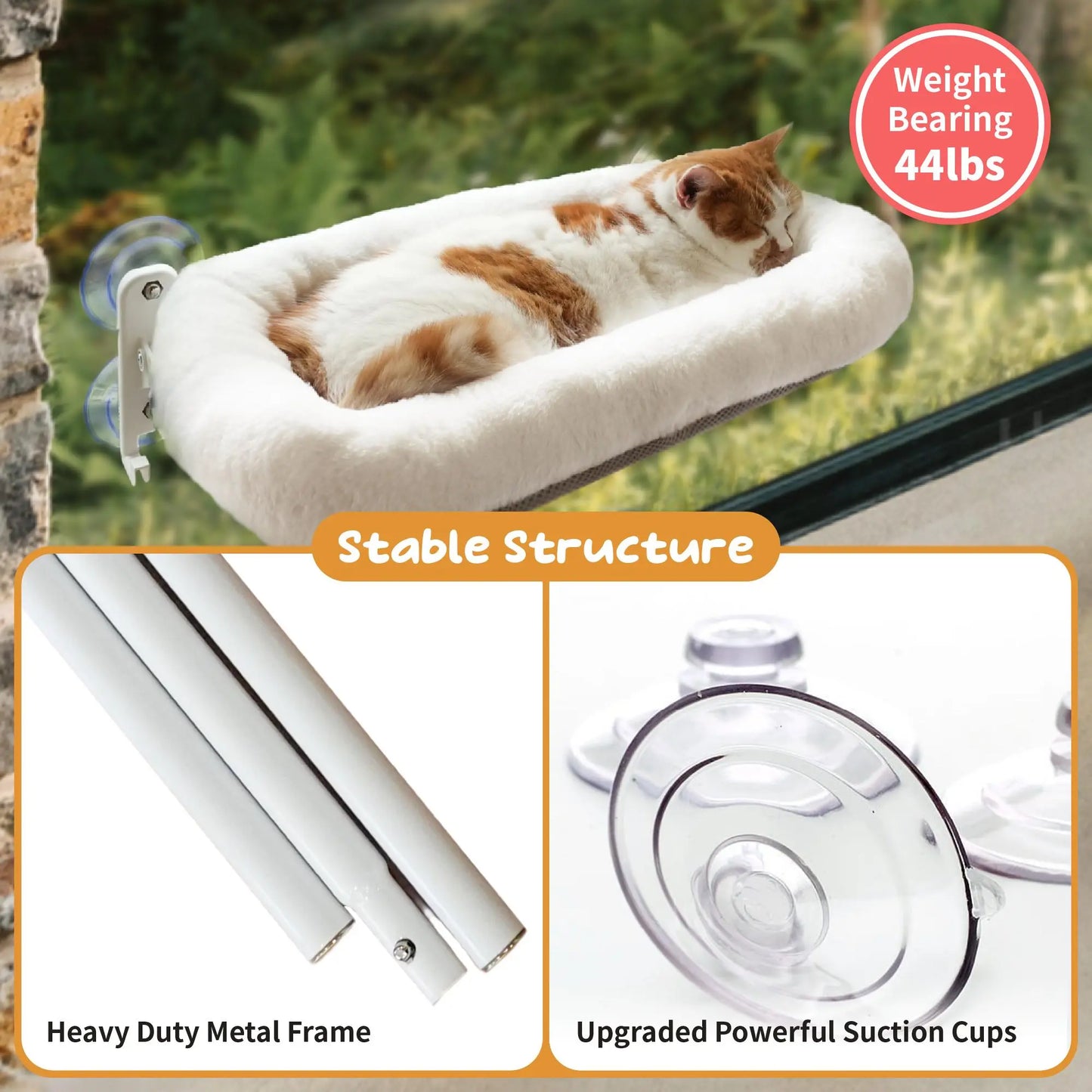 Folding Cat Hammock for Window - Cordless, Machine Washable Bed, Robust Metal Frame, Strong Suction Cups，Cat Window Perch for Cats and Small Dogs