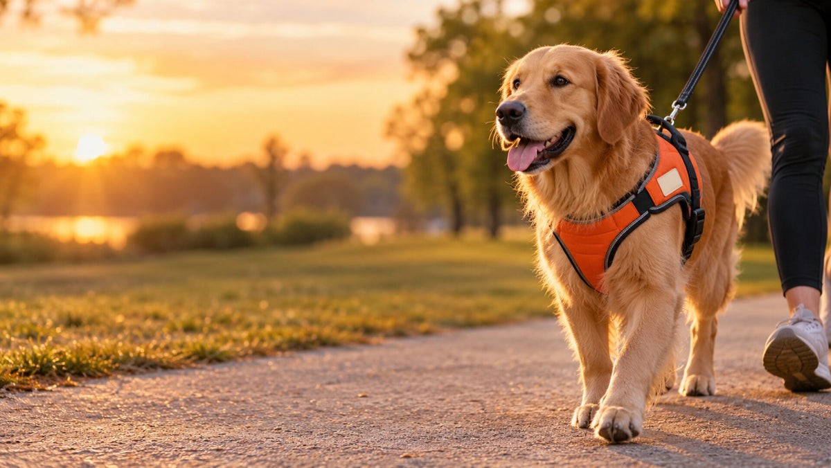 Golden retriever wearing a no-pull dog harness on a sunset walk